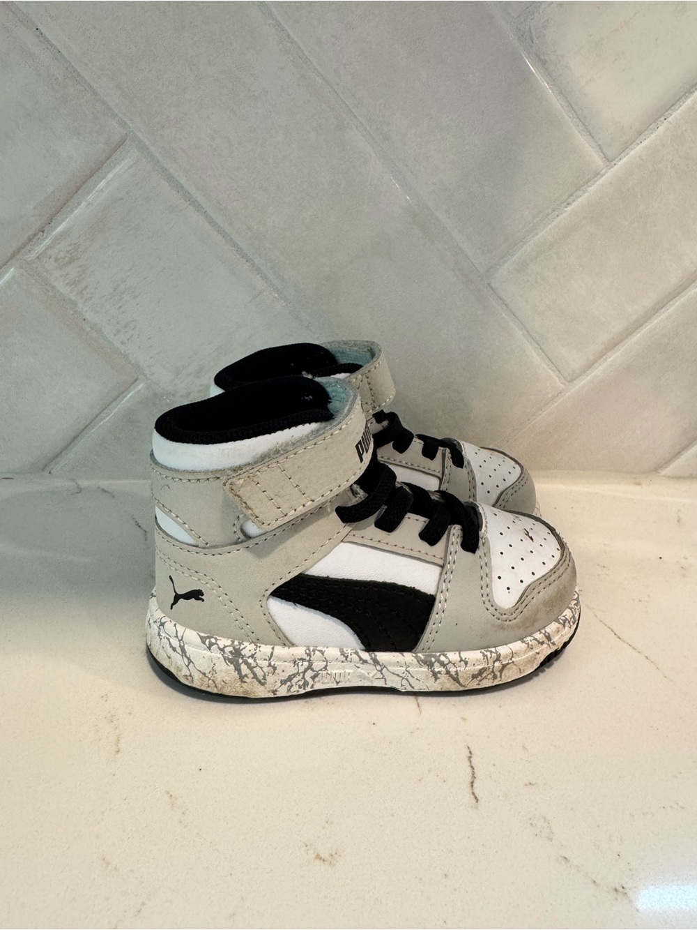 Puma Kids' High-Top Sneakers in White, Gray & Black